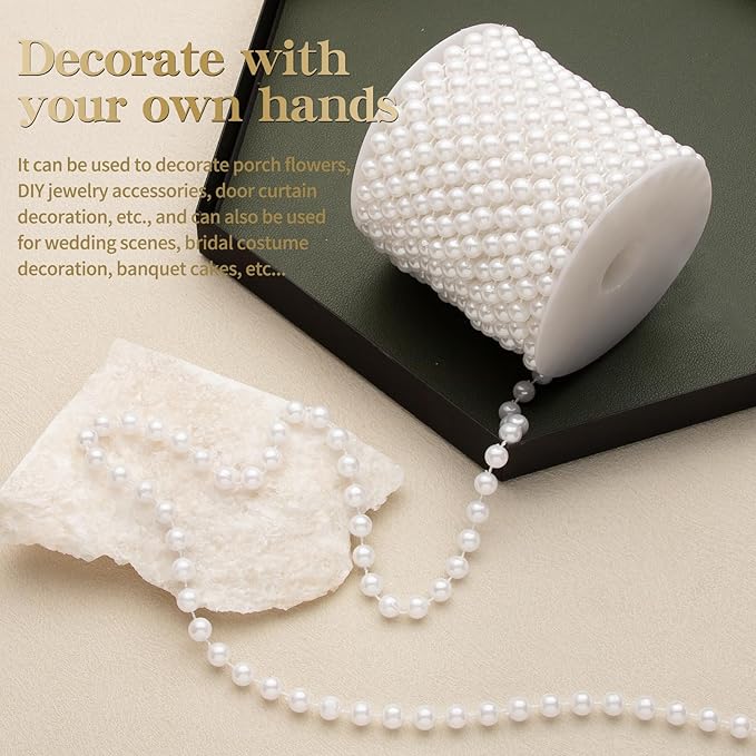 8mm Pearl Garland, 33 Feet Faux Pearl Garland Spool Roll for Wedding Centerpiece Backdrop Christmas Tree and Flowers Decoration DIY Craft (White)