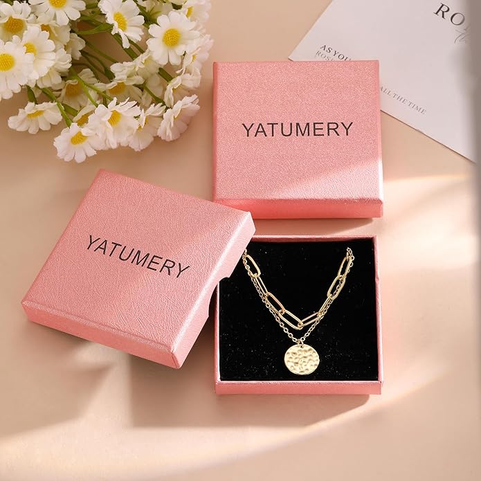 Layered Necklaces for Women 14K Gold Plated Stack Circle Pendant Trendy Long Chain Stackable Handmade Coin Necklace Set Dainty Gold Stacked Jewelry Gifts