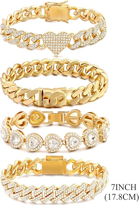 shopbyskyler 4PCS Gold Bracelets for Women Silver Clustered Tennis Bracelet for Women Heart Round Diamond Cuban Bracelet Layered Link Bracelet Set Fashion Jewelry for Women Set