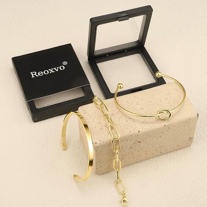 Reoxvo Gold Plated Bangle Cuff Bracelets for Women Non Tarnish Gold Bracelet Stack Jewelry Set for Women Trendy