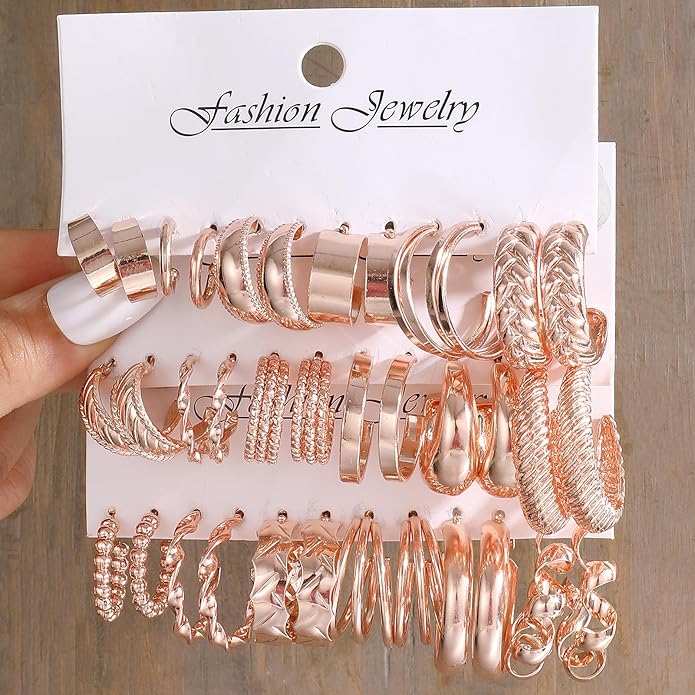 36 Pairs Gold Hoop Earrings Set for Women, Fashion Chunky Gold Hoop Earrings Multipack, Hypoallergenic Pearl Chain Twisted Statement Earring Pack for Birthday Party Jewelry