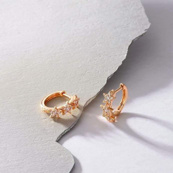 Gold Huggie Hoop Earrings 14K Gold Plated Dainty Chunky Thick Hoop Diamond Cubic Zriconia Inlay Sleeper Tiny Delicate Boho Beach Simple Hypoallergenic Jewelry Gift for Her