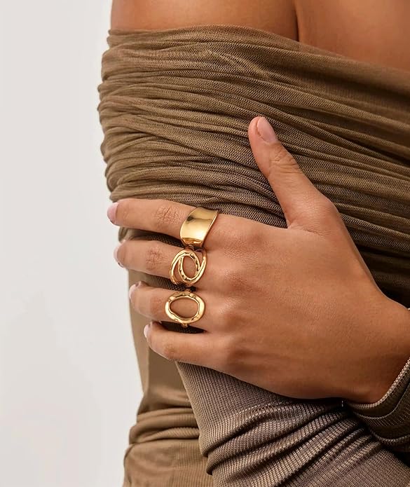 ZOERAY Chunky Gold Rings for Women Non Tarnish Trendy 14k Gold Plated Adjustable Signet Band Stackable Thumb Ring Set Open Twist Dome Statement Stacking Rings Jewelry Gifts for Women Size 5-10