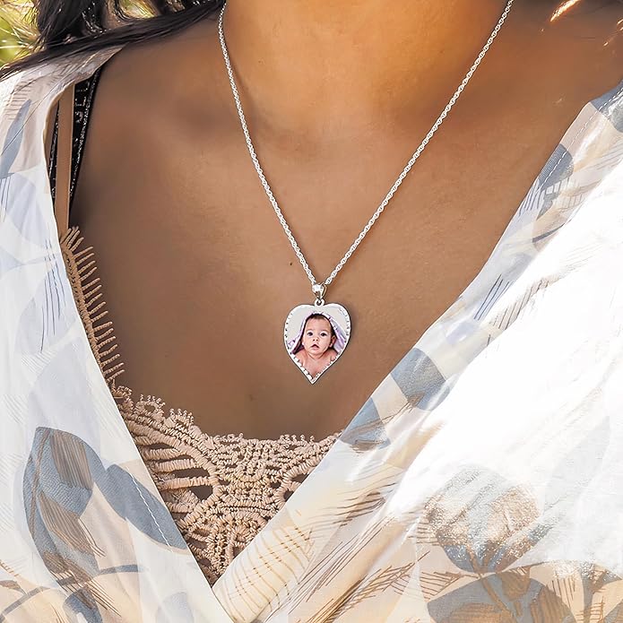 PicturesOnGold.com Personalized Photo Engraved Heart Shaped Picture Necklace with Diamond Cut Edge in Silver, Gold, White Gold or Rose Gold - 1 Inch x 1 Inch