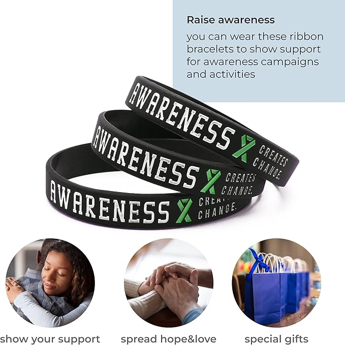 Inkstone (12-pack) Green Awareness Ribbon Silicone Wristbands - Wholesale Pack of 1 Dozen Bracelets