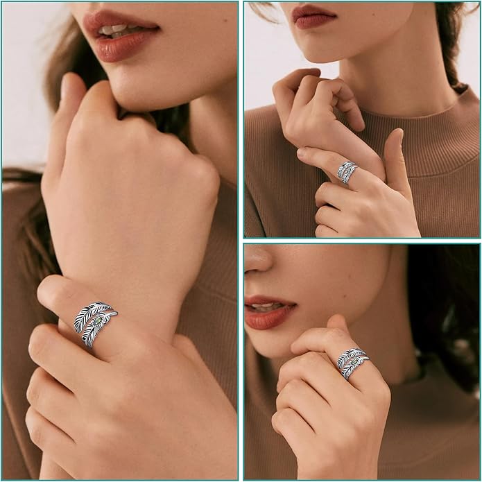 Sterling Silver Feather Ring with Black Onyx & Turquoise - Adjustable Stacking Vintage Statement Ring for Women & Men