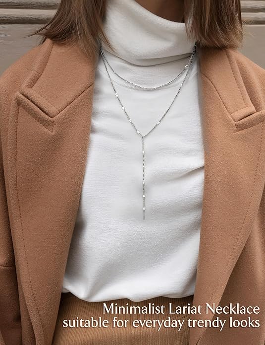 Magitaco Lariat Necklace for Women, 18K Gold Plated/Silver Color Dainty Long Necklaces for Women Layered Y-Necklace, Drop Beaded Sequined Chain for V-Neck, Elegant Wedding Guest Jewelry