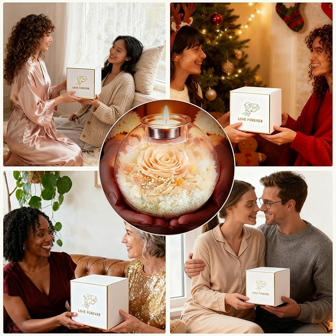 Forever Real Roses in Glass with Scented Candle, Christmas Gift Ideas Preserved Flower Christmas Gifts for Women Her Girlfriend Wife Mom on Valentines Birthday Anniversary Champagne