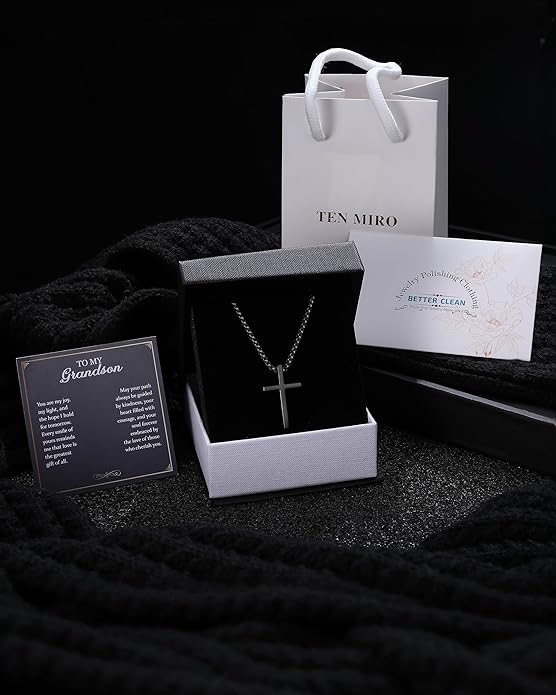 TEN MIRO Silver/Black Cross Necklace for Men Boy Stainless Steel Cross Pendant Necklace for Men Christian Religious Jewelry with Box & Card Birthday Anniversary Christmas Father's Day Gifts for Him