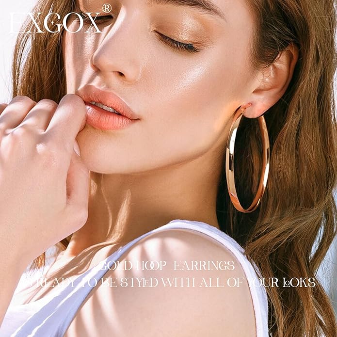 EXGOX 5mm Wide Gold Hoop Earrings for Women,Sterling Silver Hoop Earrings Large Silver Hoop Earrings Hypoallergenic Lightweight 14K Real Gold Plated Big Hoop Earrings for Women 30/40/50/60/70mm