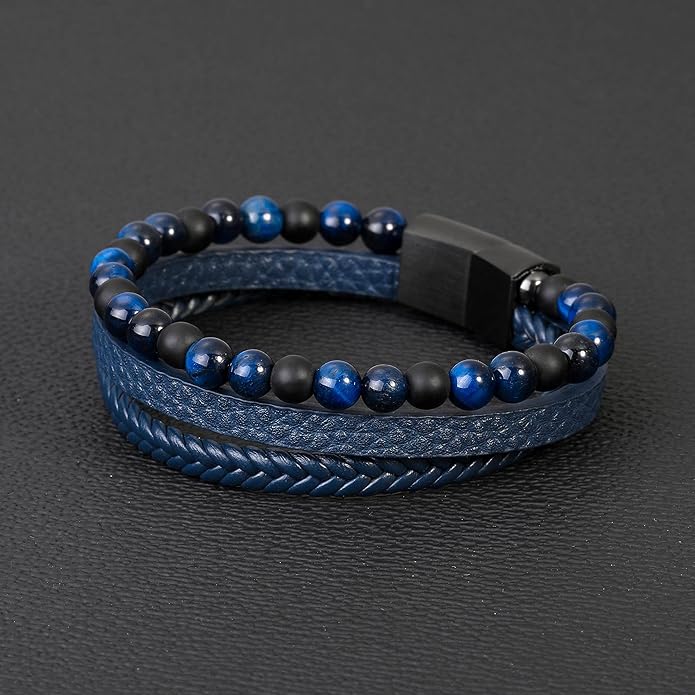 Gifts for Men - Layered Leather Beads Bracelet, Tiger Eye Lava Rock Stone Braided Leather Bracelets for Men Adjustable Magnetic Clasp Birthday Gifts