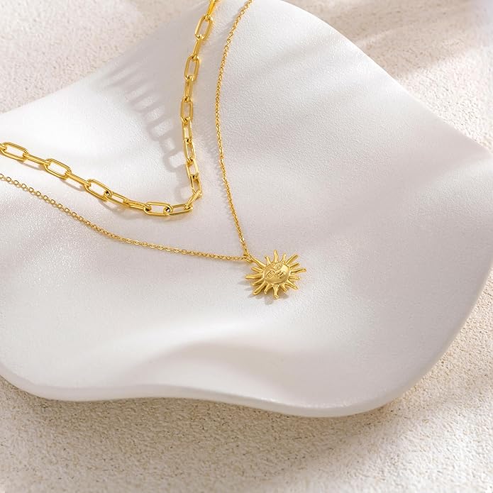 CHESKY Layered Necklaces for Women Trendy, Dainty 14k Gold Plated Pendant Necklace Layering Necklace for Women Non Tarnish Hypoallergenic Sun Gold Necklace Stack Gold Jewelry for Women Gifts