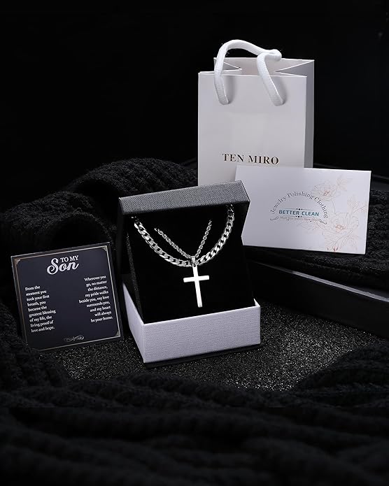 TEN MIRO Silver/Black Cross Necklace for Men Boy Stainless Steel Cross Pendant Necklace for Men Christian Religious Jewelry with Box & Card Birthday Anniversary Christmas Father's Day Gifts for Him