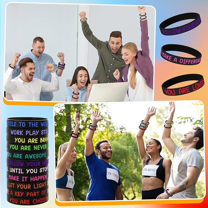 JUNEBRUSHS 64pcs Motivational Silicone Bracelets Bulk Black Colored Inspirational Rubber Wristbands for Student Teacher Back To School Gifts Classroom Reward Birthday Party Favor (16 Designs)