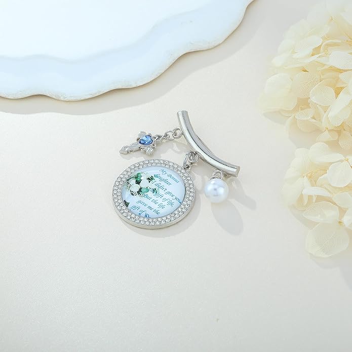 Wedding Bridal Pin, Something Blue Silver Crystal Brooch with Blue Heart Charm, Pearl Accent and Sentimental Message for Mother of Bride Gift