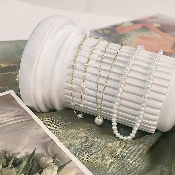 Gold Jewelry Set for Women - Dainty 14K Gold/Silver Plated Pearl Choker Necklace, Drop Earrings & Bracelets - Wedding Trendy Pearl Jewelry Gift