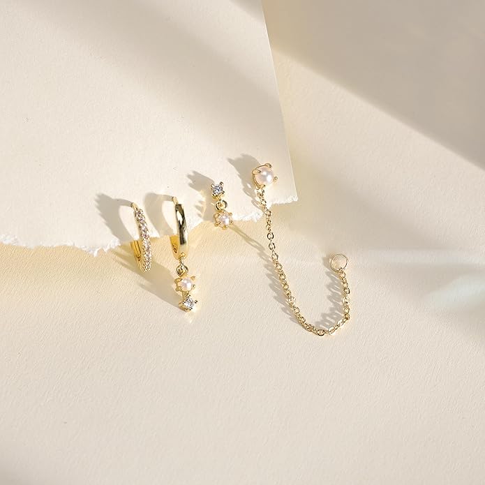 Gold Plated Earrings for Women, 14k Gold Plated Earring Stack Hypoallergenic Pearl Drop Earring Dainty Earrings for Women Trendy Cute Small Huggie Hoop Earring Fashion Womens Jewelry
