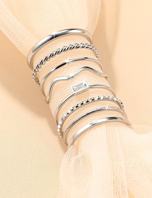 THUNARAZ 8Pcs Stackable Rings for Women Non Tarnish 14K Gold Plated Stainless Steel Dainty Rings Set Minimalist Thin Thumb Ring Cubic Zirconia Wave Statement Ring Bands for Women Size 5-10
