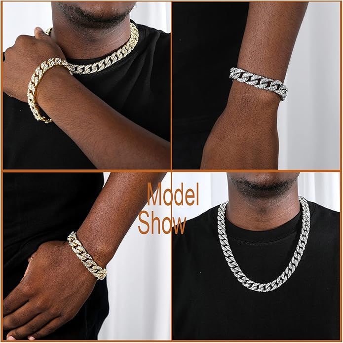 Saintda Cuban Link Chain and Bracelet Set for Men Women Iced Out Diamond Gift for Boys Hip Hop Rapper Jewelry