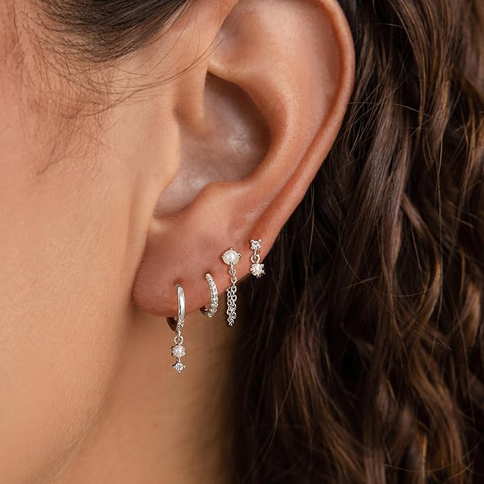 Gold Plated Earrings for Women, 14k Gold Plated Earring Stack Hypoallergenic Pearl Drop Earring Dainty Earrings for Women Trendy Cute Small Huggie Hoop Earring Fashion Womens Jewelry