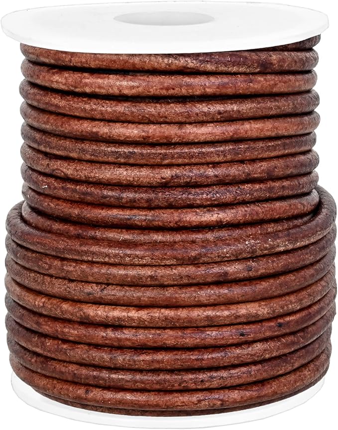 GENIQUE Real/Genuine Round Leather String Cord for Necklace, Bracelets, Jewellery, Braiding (3mm, Red Brown Distressed)