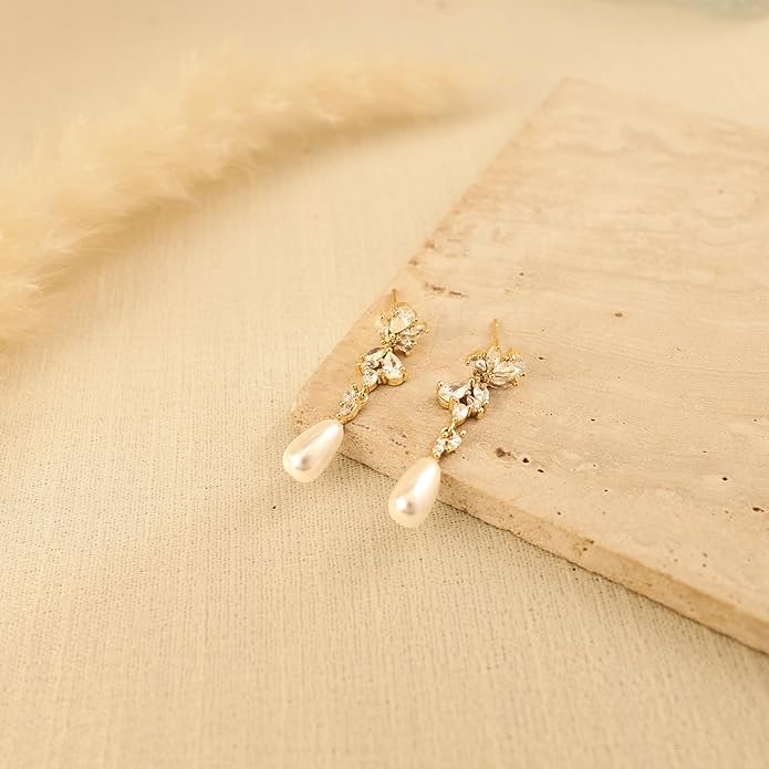 Gold Earrings for Women,Dainty 14k Gold Plated Pearl Drop Earring Dangle Pearl Dangling Earrings for Women Trendy Small Cute Wedding CZ Earring Long Chain Threader Prom Jewelry Gifts