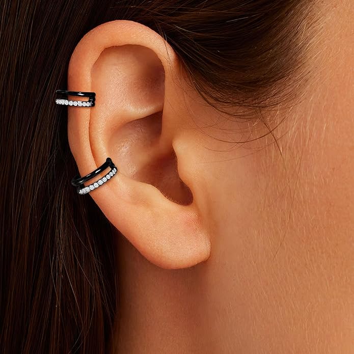 2 PCS Small Cartilage Double-Hoop Helix Conch Piercing Earrings With Cubic Zirconia For Women Trendy 14K Gold Plated Titanium Surgical Stainless Steel Sets Jewelry