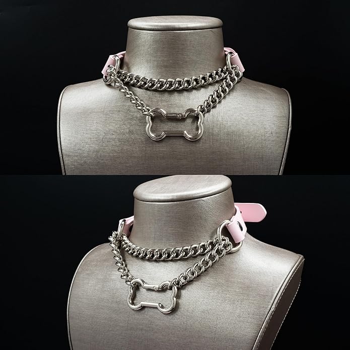 Black/Pink Leather Choker Collar For Women, Handmade Gothic Slip Chain Necklace with Bone Clasp