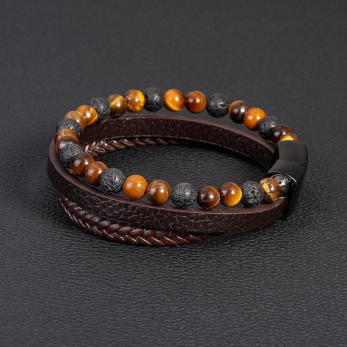 Gifts for Men - Layered Leather Beads Bracelet, Tiger Eye Lava Rock Stone Braided Leather Bracelets for Men Adjustable Magnetic Clasp Birthday Gifts