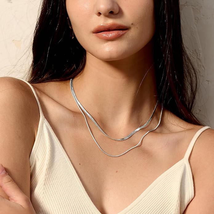CHESKY 14K Gold/Silver Plated Snake Chain Necklace Herringbone Necklace Gold Choker Necklaces for Women Gifts Jewelry 1.5/3/5MM(W) 14"/16"(L)