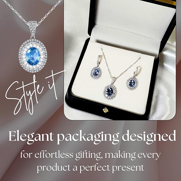 925 Sterling Silver Jewelry Set - Oval Blue Topaz-Tone and CZ Diamond Halo Necklace with Matching Earrings, Dainty Pendant Set with Exquisite Leather Box