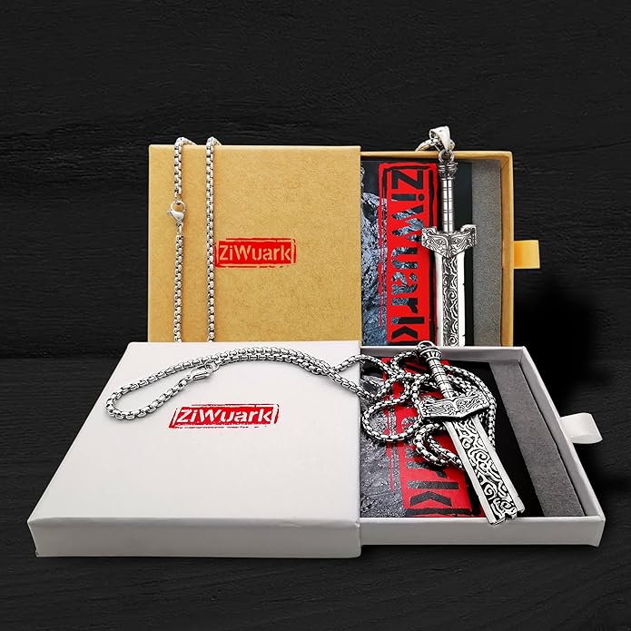 ZiWuark Mens Broken Sword Necklace Lion Head Knight Dragon Sword Pendant Viking Jewelry for Men Women