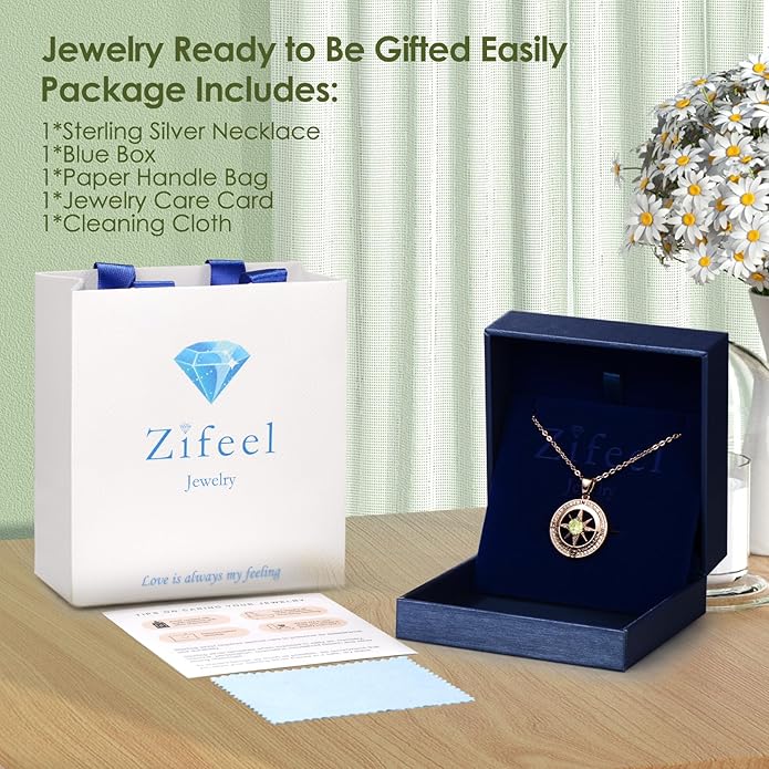 Zifeel Compass Necklace Gifts for Women wife - S925 Sterling Silver Birthstone Necklaces for Women - Anniversary Birthday Gifts for Her Wife Girlfriend - Valentines Mom Mothers Day Christmas Gifts Jewelry for Women