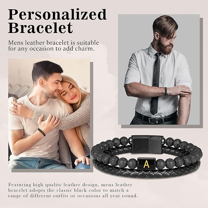 FOCOOG Leather Bracelets for Mens Gifts - Premium Genuine Leather Natural Lava Rock Matte Agate Adjustable Stainless Steel Magnetic Clasp Initial Bracelet, Unique Gifts for Men Husband Dad Son