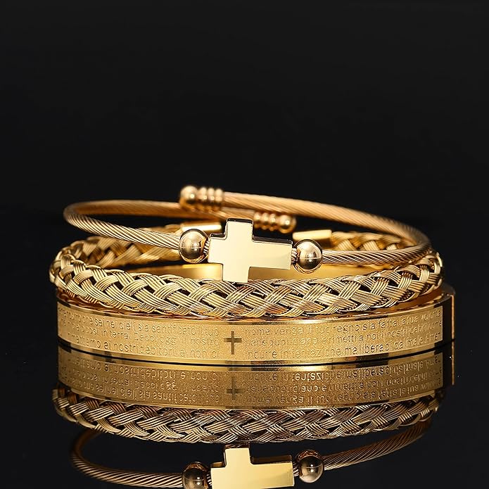 WFYOU 3PCS Stainless Steel Bracelets for Men Gold Roman Numeral Bangle Bracelet Twisted Cable Bracelet Adjustable Cuff Bracelet Mens Luxury Jewelry Bracelets Gifts