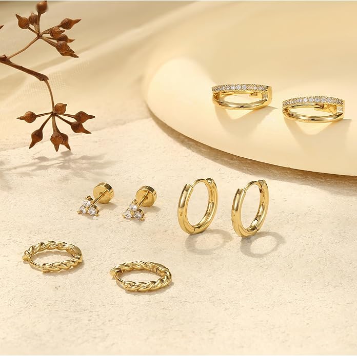 BESTEEL Small Hoop Earrings for Women - Hypoallergenic 14K Gold Plated Surgical Steel Chunky Huggie Earings Stacks Set Dainty Cute Cartilage Flat Back Stud Jewelry Trendy Gift 4 Pairs