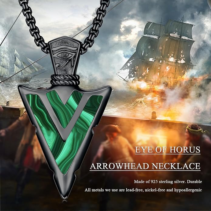Suiknsn Arrowhead Necklace for Men Women 925 Sterling Silver Turquoise Malachite Celtic/Eye of Horus/Viking Arrow Pendant Amulet Jewelry Gifts Native American Necklace