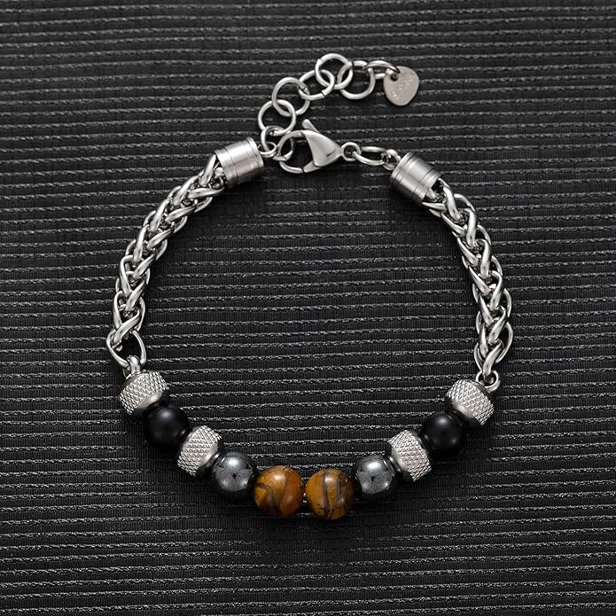 RANKEEF Mens Bead Bracelet Set - Adjustable Elastic Rope With 6&8MM Natural Stone Multi-Colored Beads - Tiger Eye Bracelets for Men - Gift