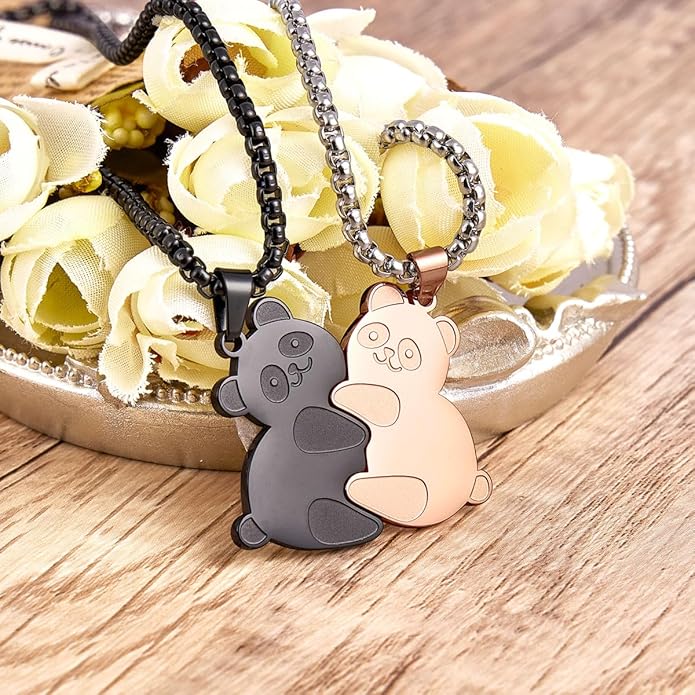 Colentine Panda Couples Necklace Cute Panda Hugging Puzzle Matching Necklaces Gift for Valentines Day
