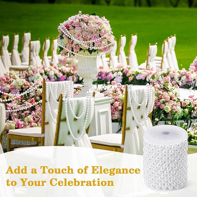 33 Feet Faux Pearl Garland, 10mm Pearl String Roll Strands, Extended String of Pearls Garland for Christmas Tree Wedding Party Decoration Centerpieces Flowers DIY Crafts (White)