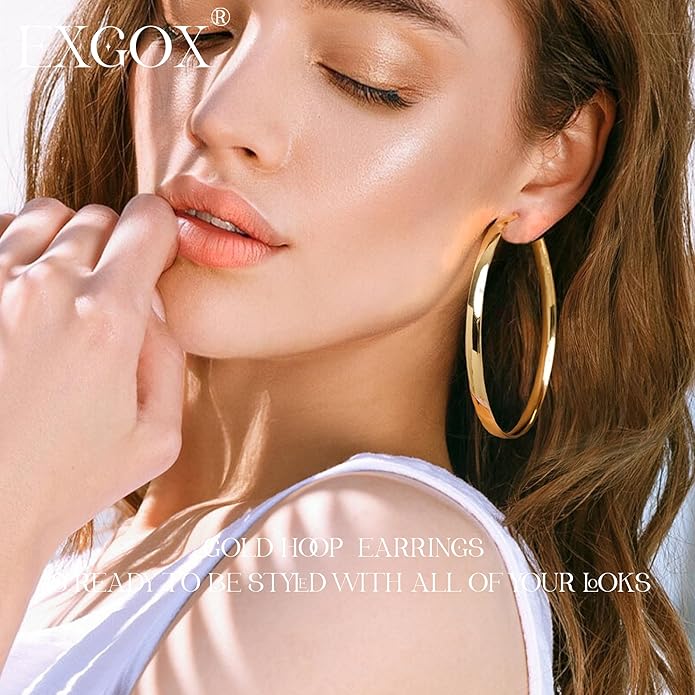 EXGOX 5mm Wide Gold Hoop Earrings for Women,Sterling Silver Hoop Earrings Large Silver Hoop Earrings Hypoallergenic Lightweight 14K Real Gold Plated Big Hoop Earrings for Women 30/40/50/60/70mm