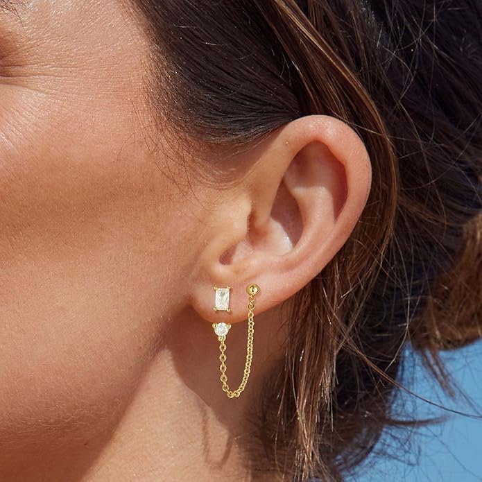 Freekiss Gold Chain Studs Earrings for Women Trendy: Hypoallergenic 14K Gold Plated Dangle Earrings Dainty Small Long Chain Earring Set Fashion Gold Jewelry for Women