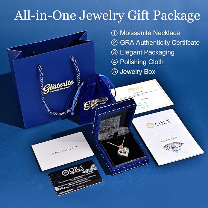 1 Carat Moissanite Necklace for Women, 925 Sterling Silver Rose Heart Pendant Necklace Moissanite Diamond Necklace, Birthday Gift Anniversary Present for Wife, Girlfriend, Daughter, Mom