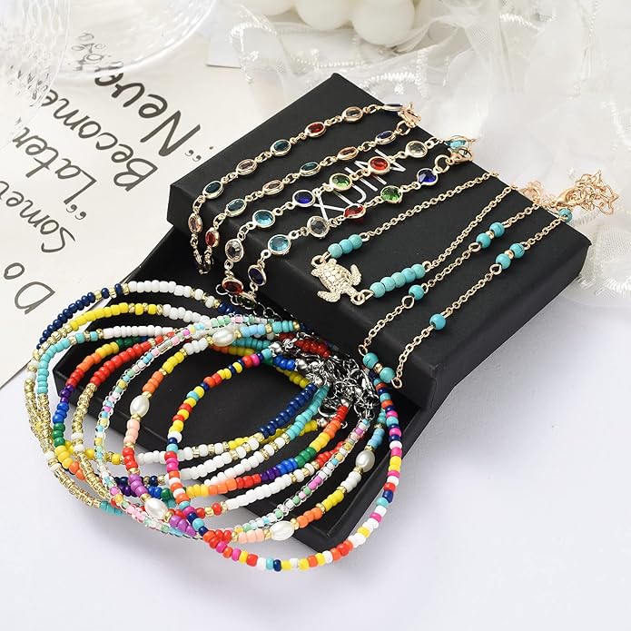 XIJIN 8Pcs Handmade Beaded Anklets for Women Boho Colorful Beads Ankle Bracelets Adjustable Foot Anklet Set