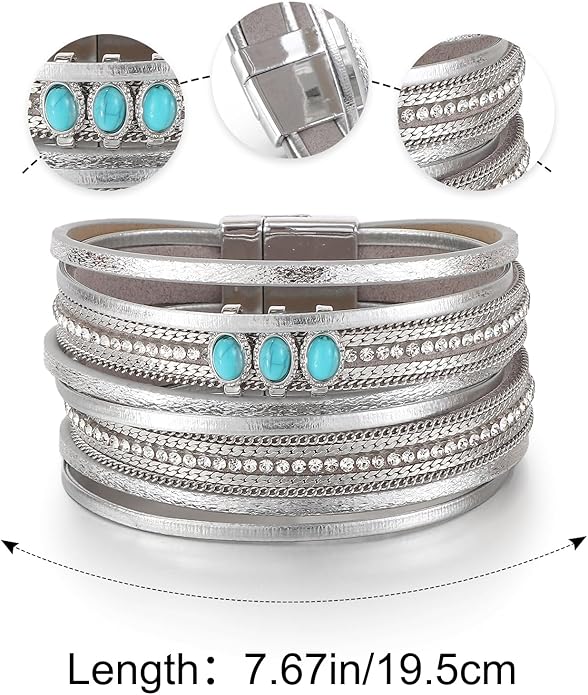 Edoneery Leather Wrap Bracelet for Women, Boho Handmade Multi-Layer Cuff with Crystal Beads Heart, Stackable Bangle Western Jewelry Gift