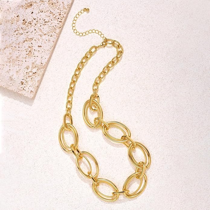 Chunky Gold Necklace for Women: 14k Gold Plated Loop Chain Link Statement Choker Necklace for Women - Chunky Fashion Pendant Jewelry