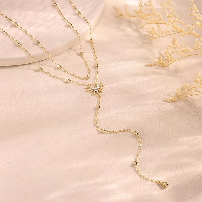 CHESKY Lariat Gold Necklace for Women Trendy, Dainty Long Necklace 14k Gold Plated/Silver Y-Shaped Pendant Necklace Layered Cz Beaded Chain Drop Necklaces Simple Gold Jewelry For Women Gift