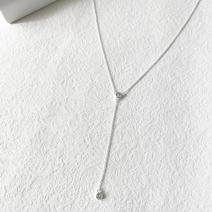 Luxval Lariat Silver Necklace for Women, Dainty Long Necklace Silver Y-Shaped Pendant Necklaces Trendy Beaded Chain Drop Necklaces Jewelry for Women Gifts