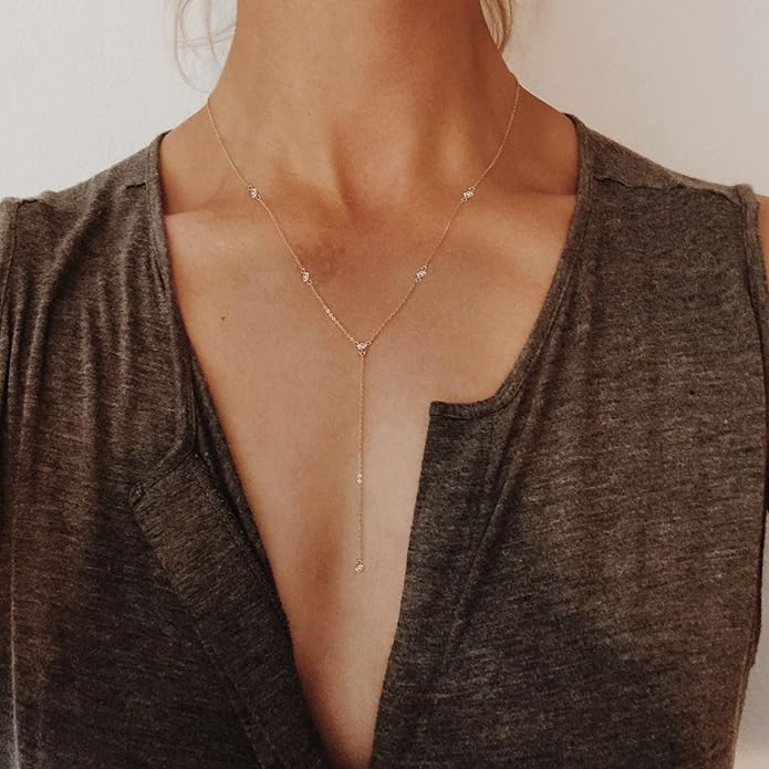 Gold Necklace for Women, Dainty Gold Long Necklaces 14k Gold Plated Prom Bar CZ Lariat Necklace Simple Choker Necklaces for Women Trendy Boho Fashion Costume Jewelry Womens