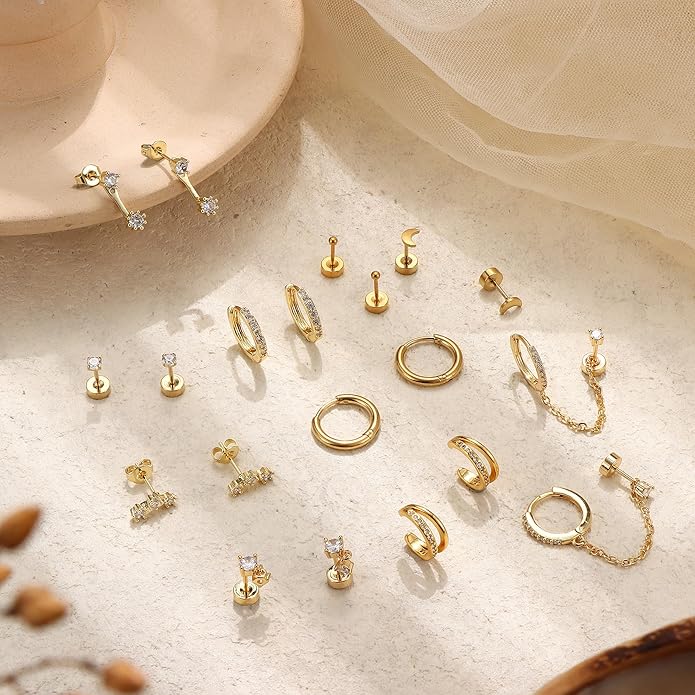 Florideco 14K Gold Plated Earrings for Women Hypoallergenic 20G Surgical Stainless Steel Flat Back Stud Earrings Dainty Stackable Earring Stacks Small Cartilage Earring Sets for Multiple Piercing